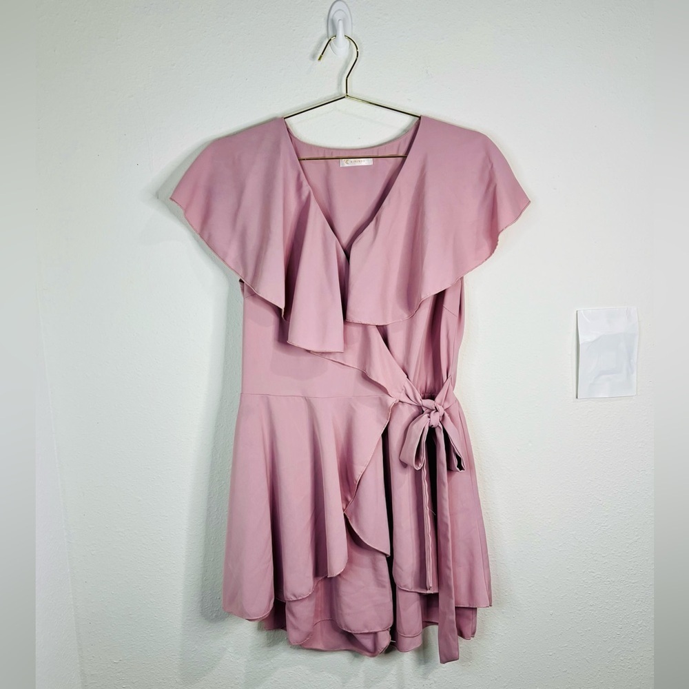Kirundo Women’s Blush Pink Wrap Dress Large Ruffle Hem Tie Waist Summer Dress